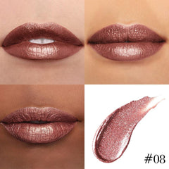 Kaely lip texture swatches on arm showing pearlescent shimmer benefit: dimensional color preview