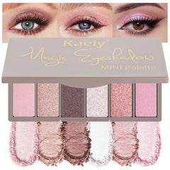 Kaely mini palette front view showing six pink shades and compact design for travel