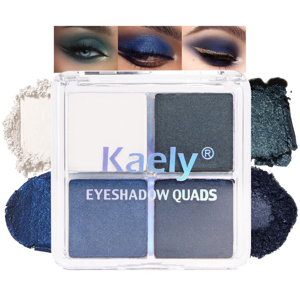 Kaely quad front palette showing four blue-green shades and compact design benefit portability