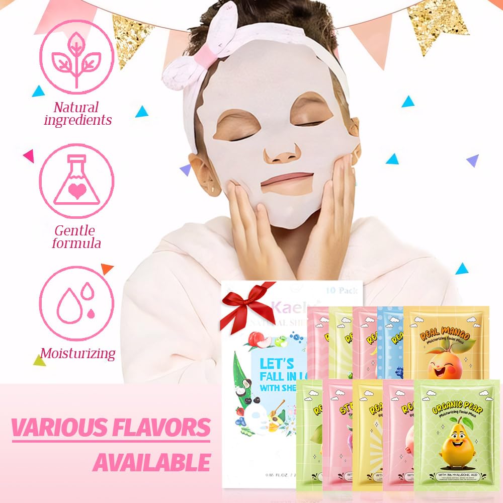 Kaely assortment of fruit-themed mask packets laid out to show variety benefit