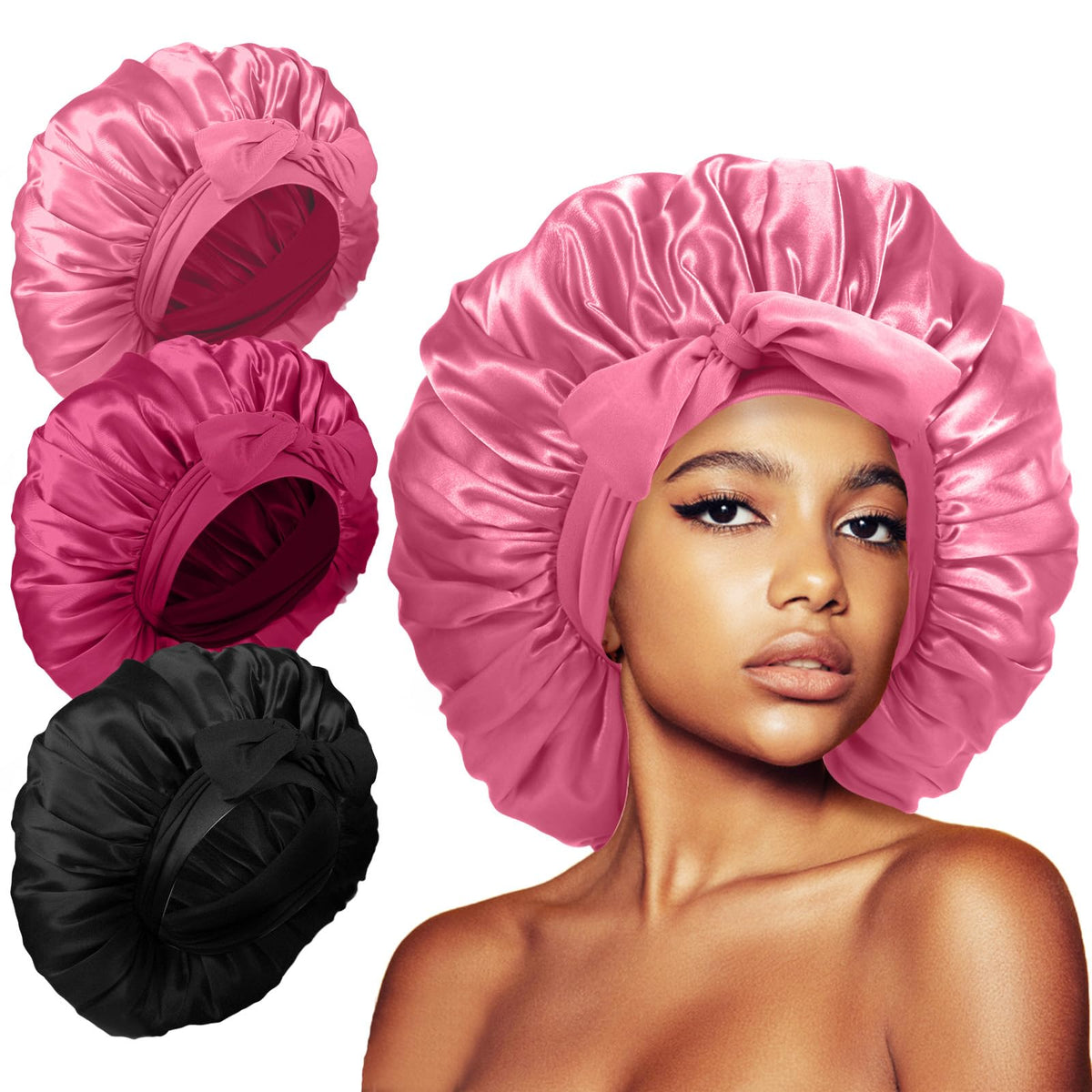Kafteri front view of three satin bonnets showing colors and packaging benefit protection
