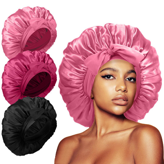 Kafteri front view of three satin bonnets showing colors and packaging benefit protection