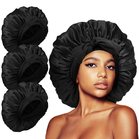 Kafteri front view showing three black bonnets, protects hair overnight
