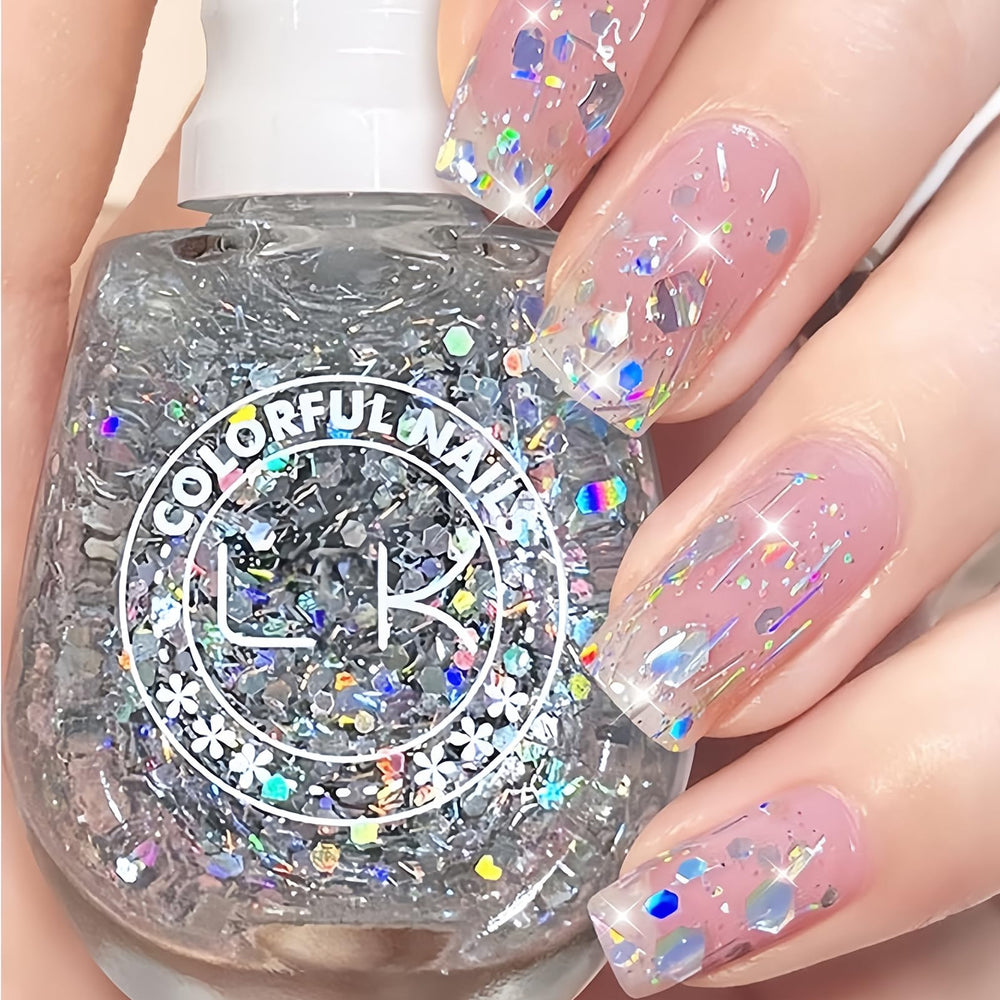 KAHSOSE front bottle view showing clear glitter top coat and 13ML size, highlights easy storage benefit