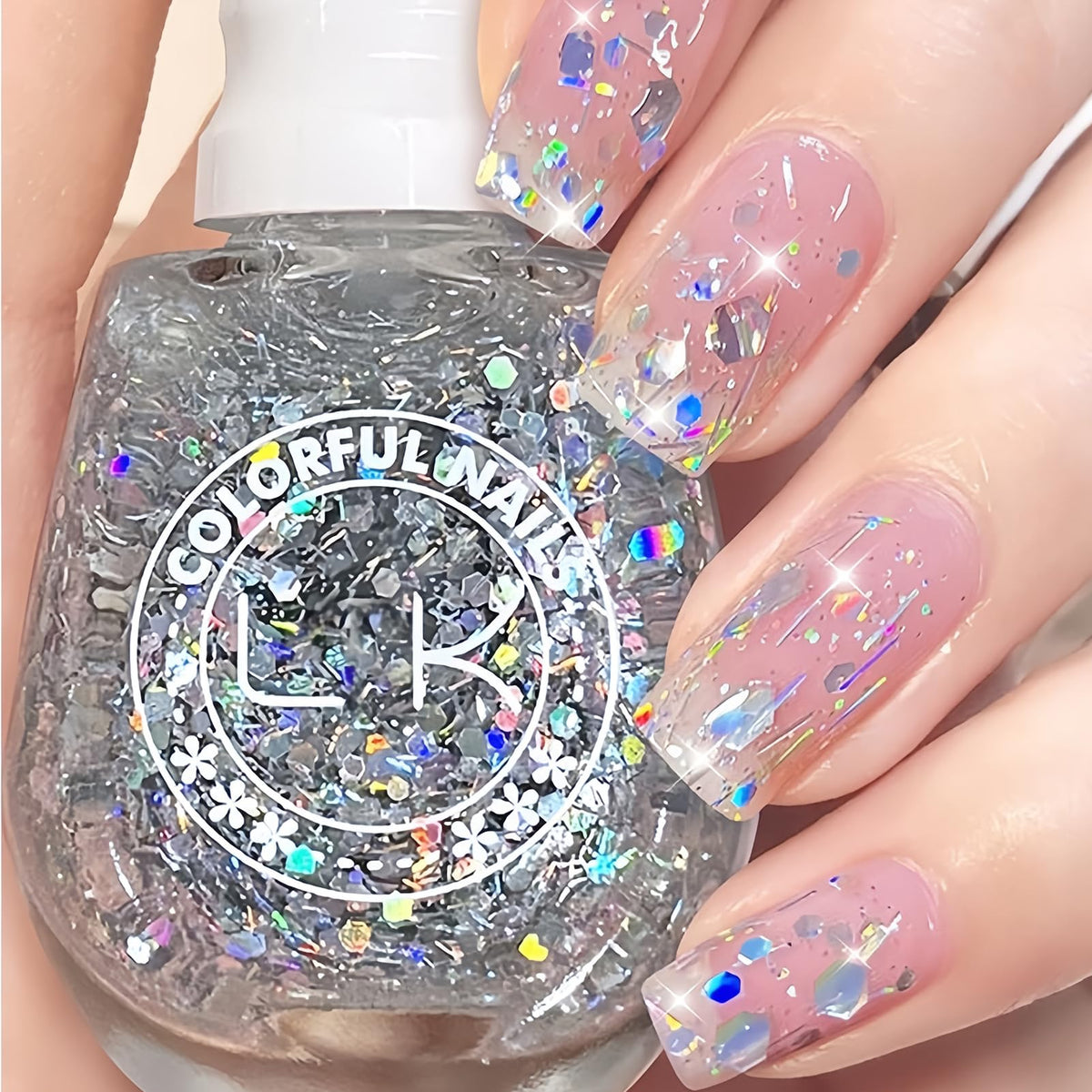 KAHSOSE front bottle view showing clear glitter top coat and 13ML size, highlights easy storage benefit