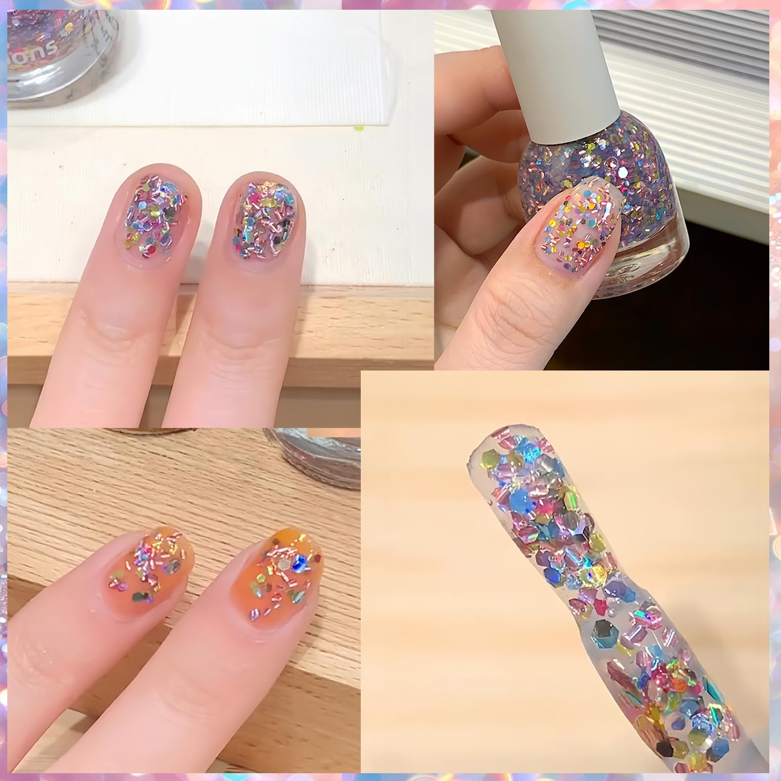 KAHSOSE nails in party setting showing colorful sparkle ideal for celebrations