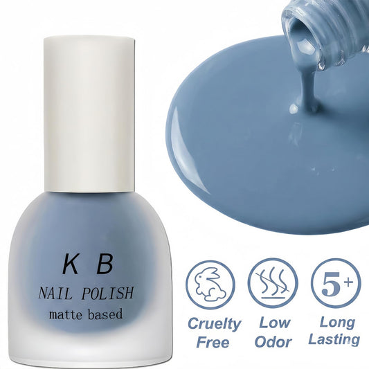 KAHSOSE brush stroke of matte light blue polish demonstrating smooth even coverage benefit