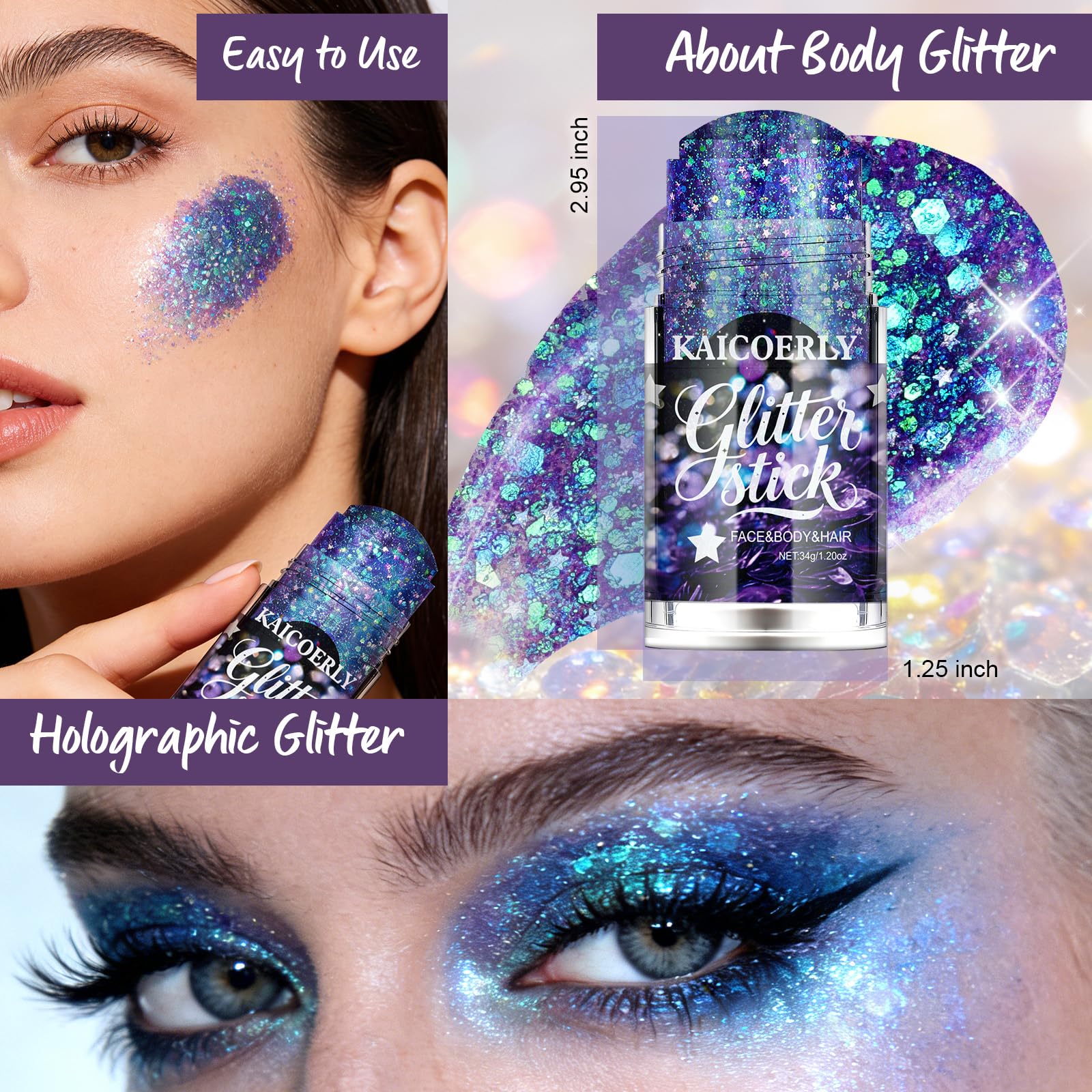KAICOERLY chameleon shimmer applied on forearm showing color-shifting sparkle for festival-ready highlights