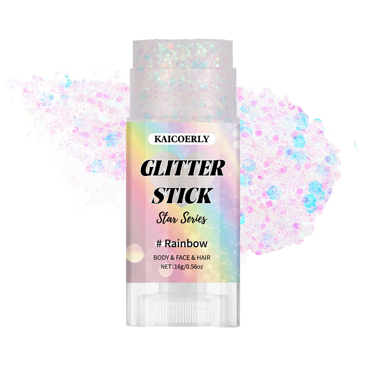 KAICOERLY front packaging showing glitter stick and vibrant shade benefits