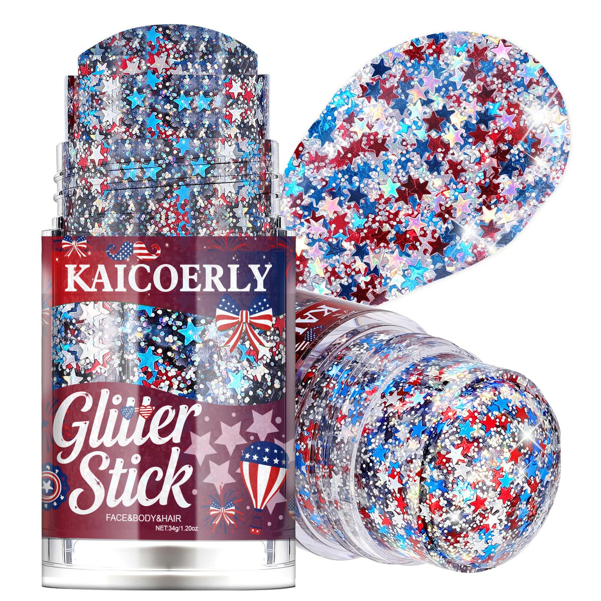 KAICOERLY front packaging showing red white blue glitter stick and benefits