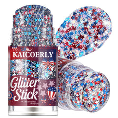 KAICOERLY front packaging showing red white blue glitter stick and benefits