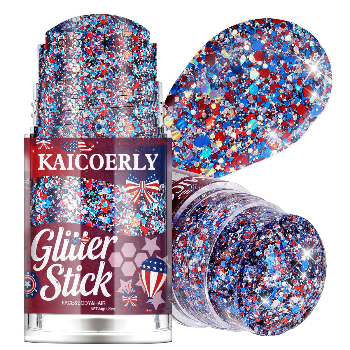 KAICOERLY front packaging showing patriotic glitter stick benefits