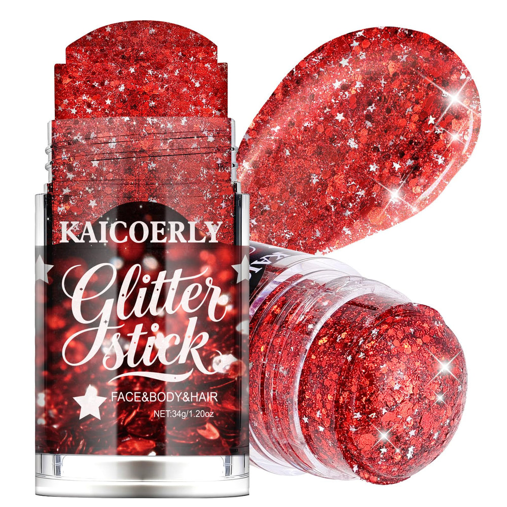 KAICOERLY front packaging showing red glitter stick and brand name, highlighting portability