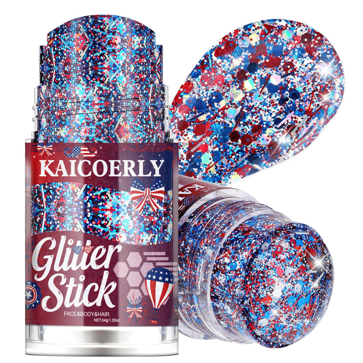 KAICOERLY glitter stick front packaging showing patriotic colors and portability