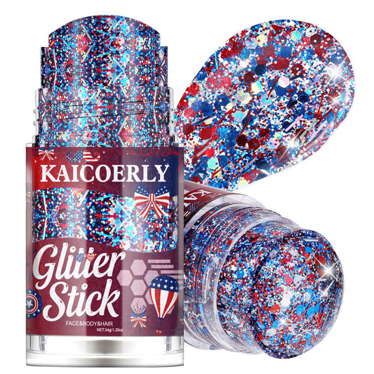 KAICOERLY glitter stick front packaging showing patriotic colors and portability