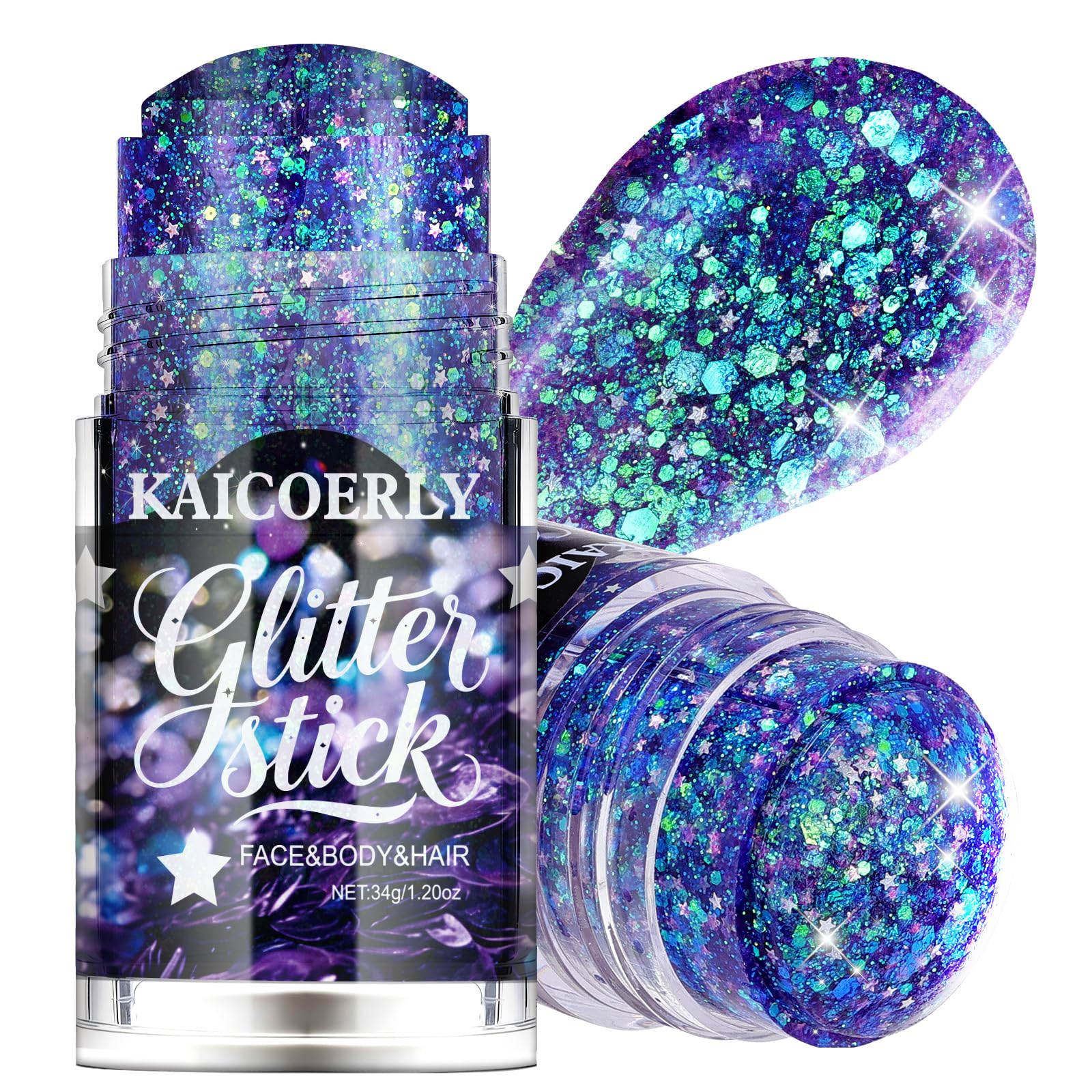 KAICOERLY roll-on glitter stick front view showing compact applicator and purple shimmer for easy transport
