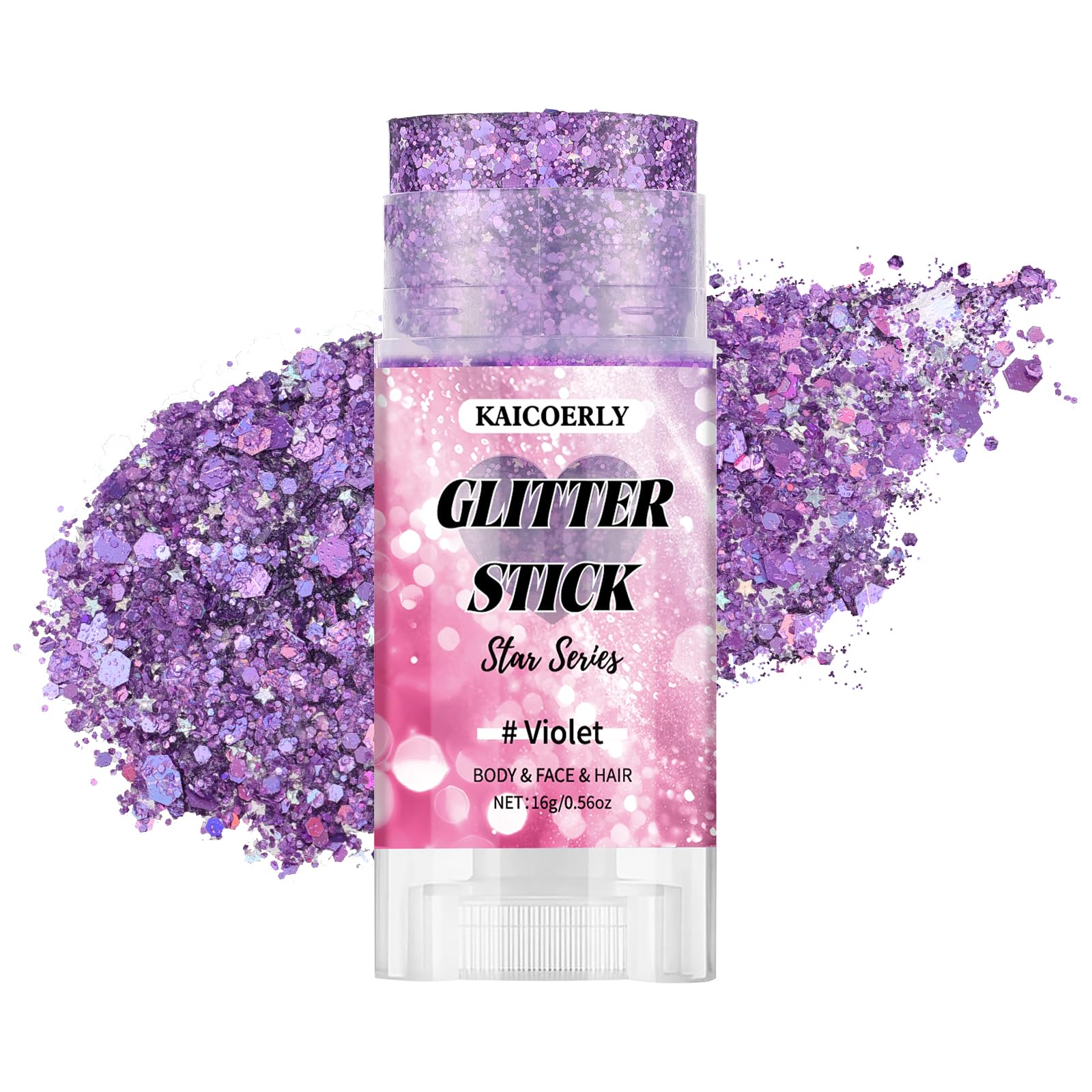 KAICOERLY front packaging showing violet glitter stick and compact travel benefit