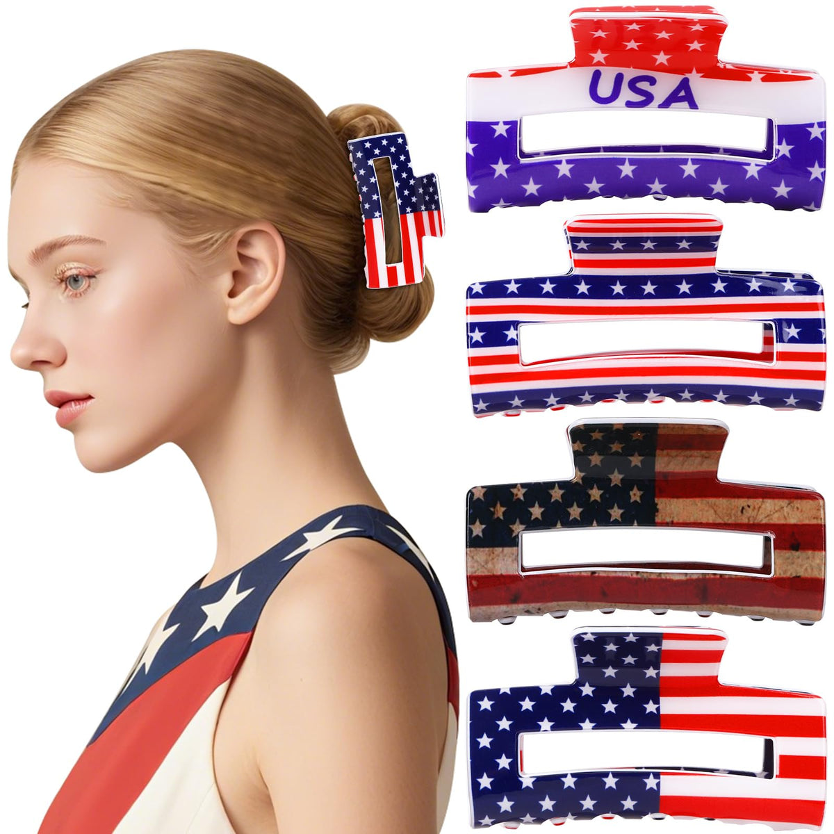 kaiolbly front packaging showing four patriotic hair clips for easy gifting