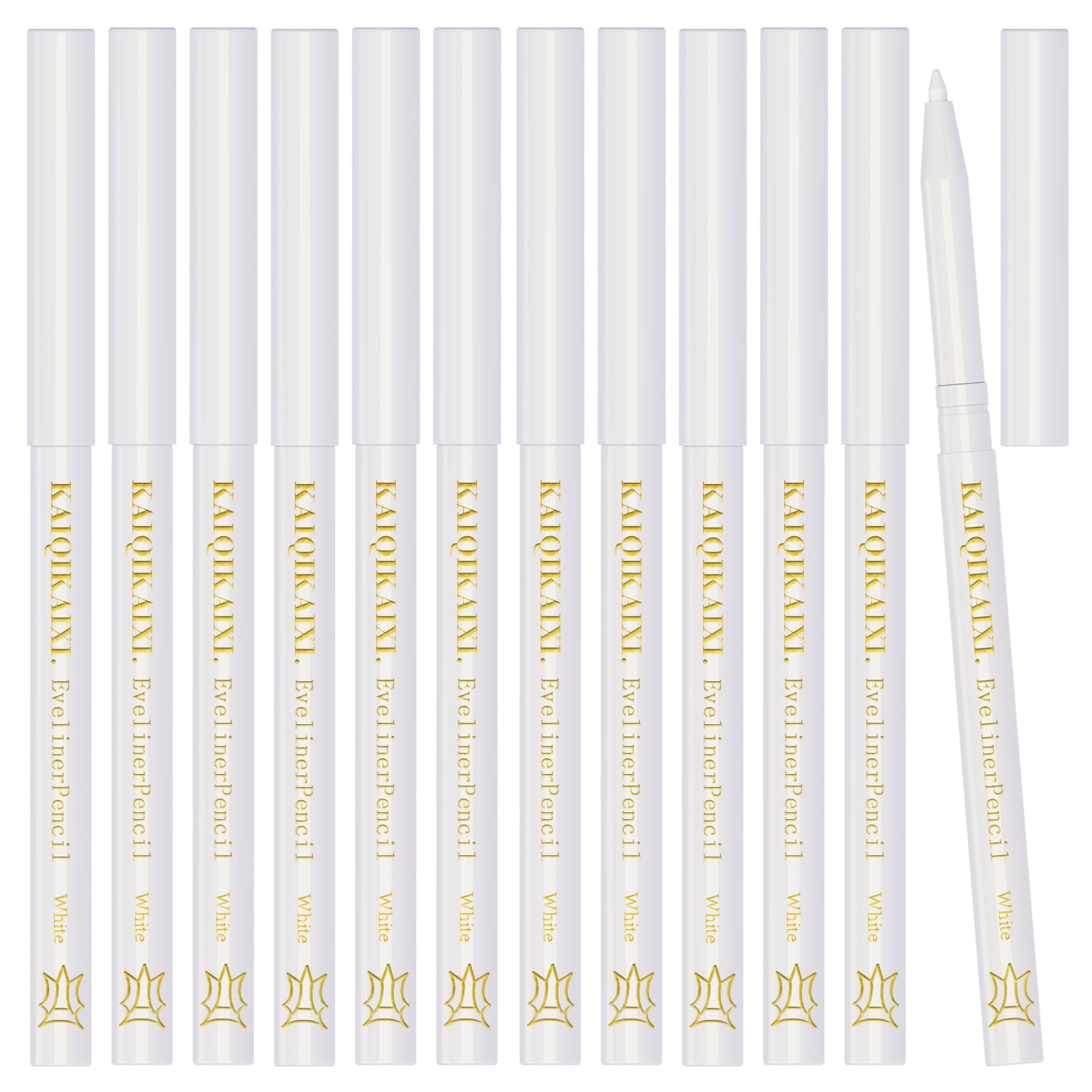 KAIQIKAIXI front packaging showing twelve white twist-up pencils and compact case benefit travel-ready organization