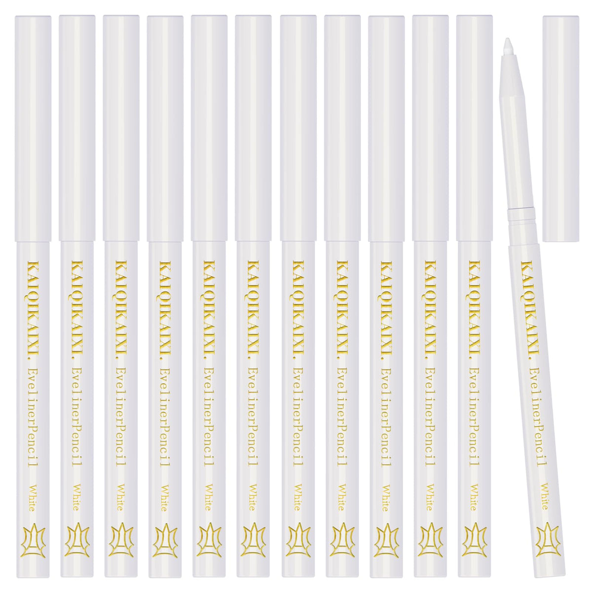 KAIQIKAIXI front packaging showing twelve white twist-up pencils and compact case benefit travel-ready organization