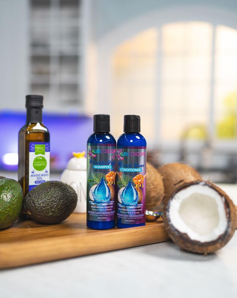Kaleidoscope Hair Products in shower scene demonstrating hydrated, smoother hair after use