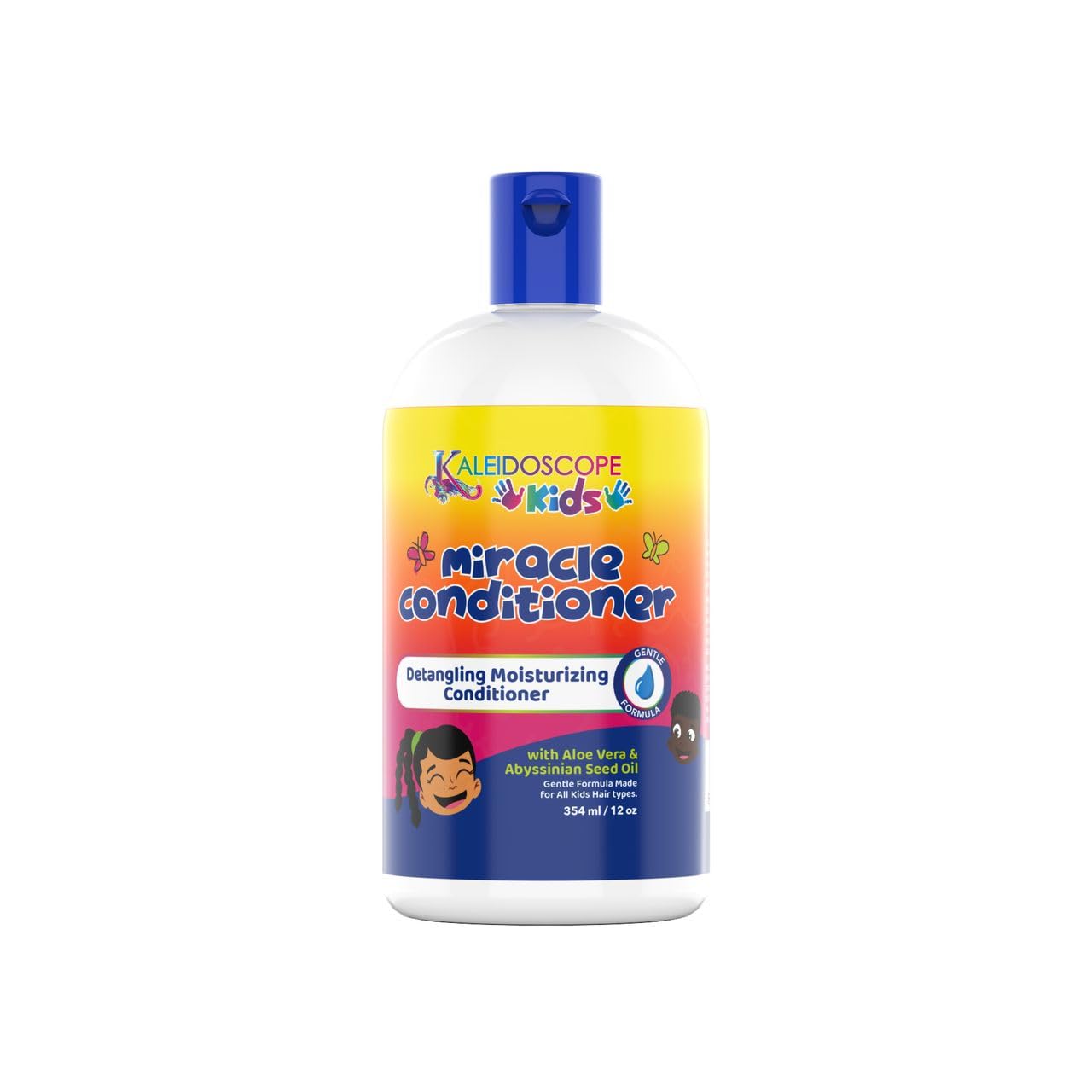 Kaleidoscope Hair Products front bottle showing label and 12 oz size, clear benefits for parents