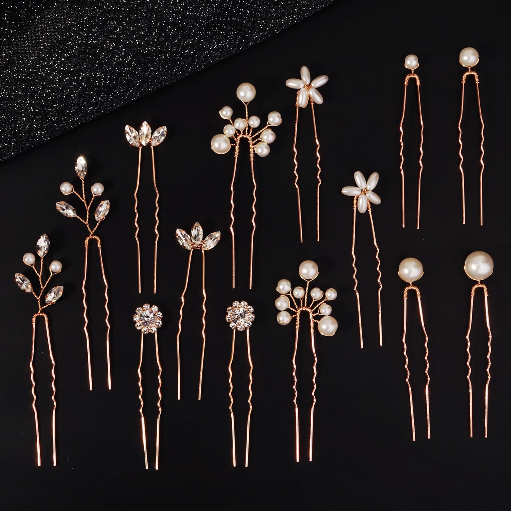KALOLIA front view of 14 gold hair pins showing set and arrangement, elegant display benefit