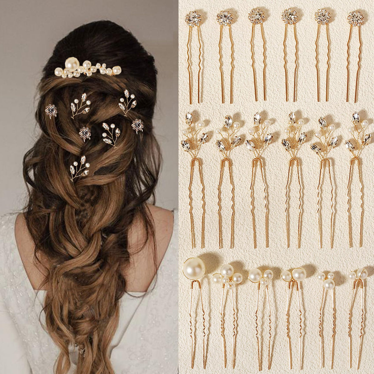 KALOLIA front view of gold hair pins showcasing set and packaging benefit styling ease