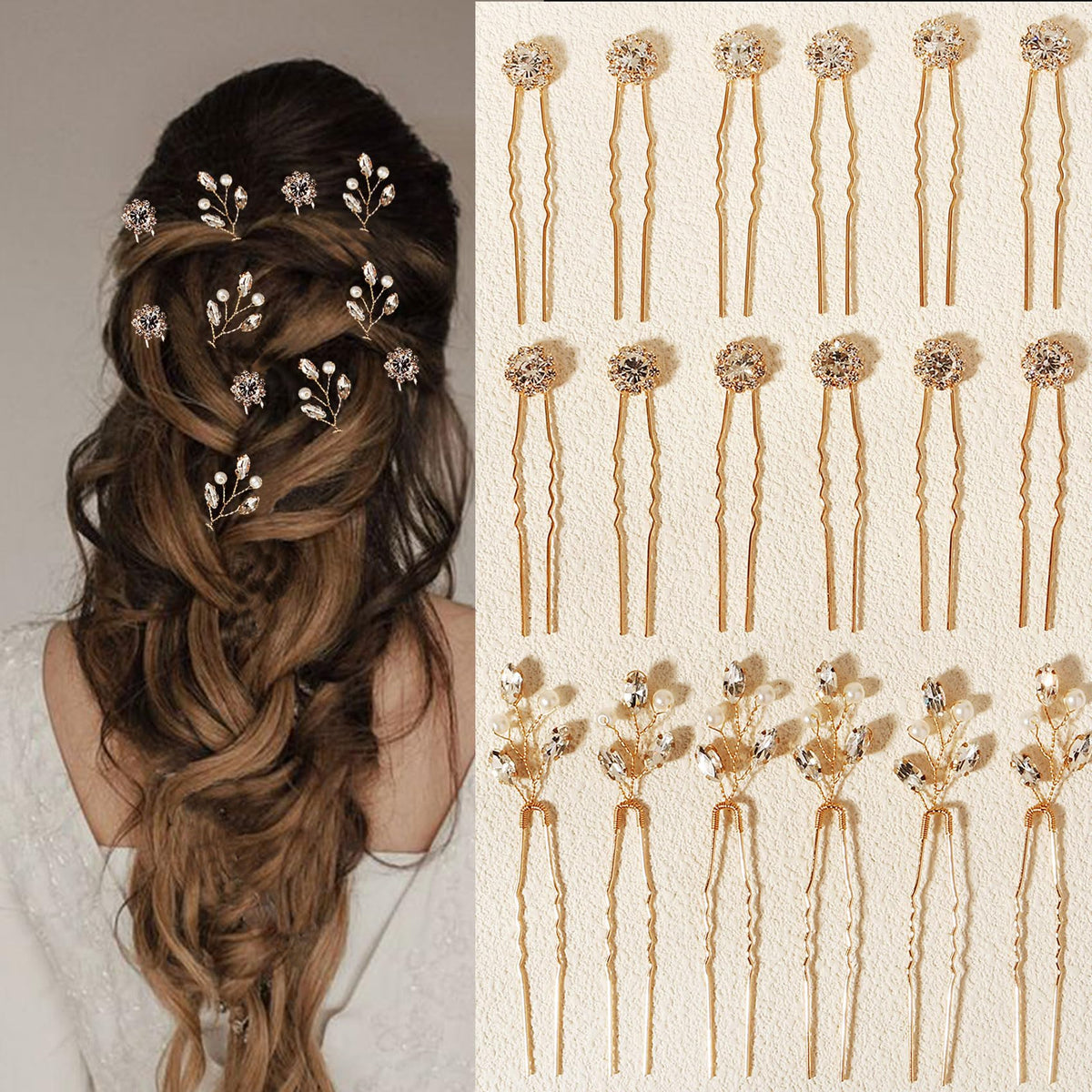 KALOLIA front-packaging view showing 18 gold hairpins for coordinated styling