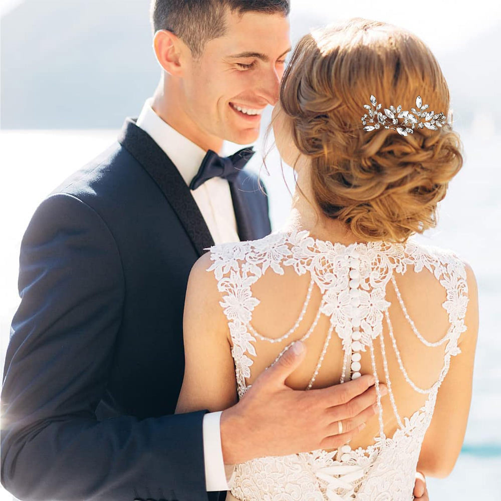 KALOLIA bride wearing pearl and crystal pins demonstrating elegant, coordinated look