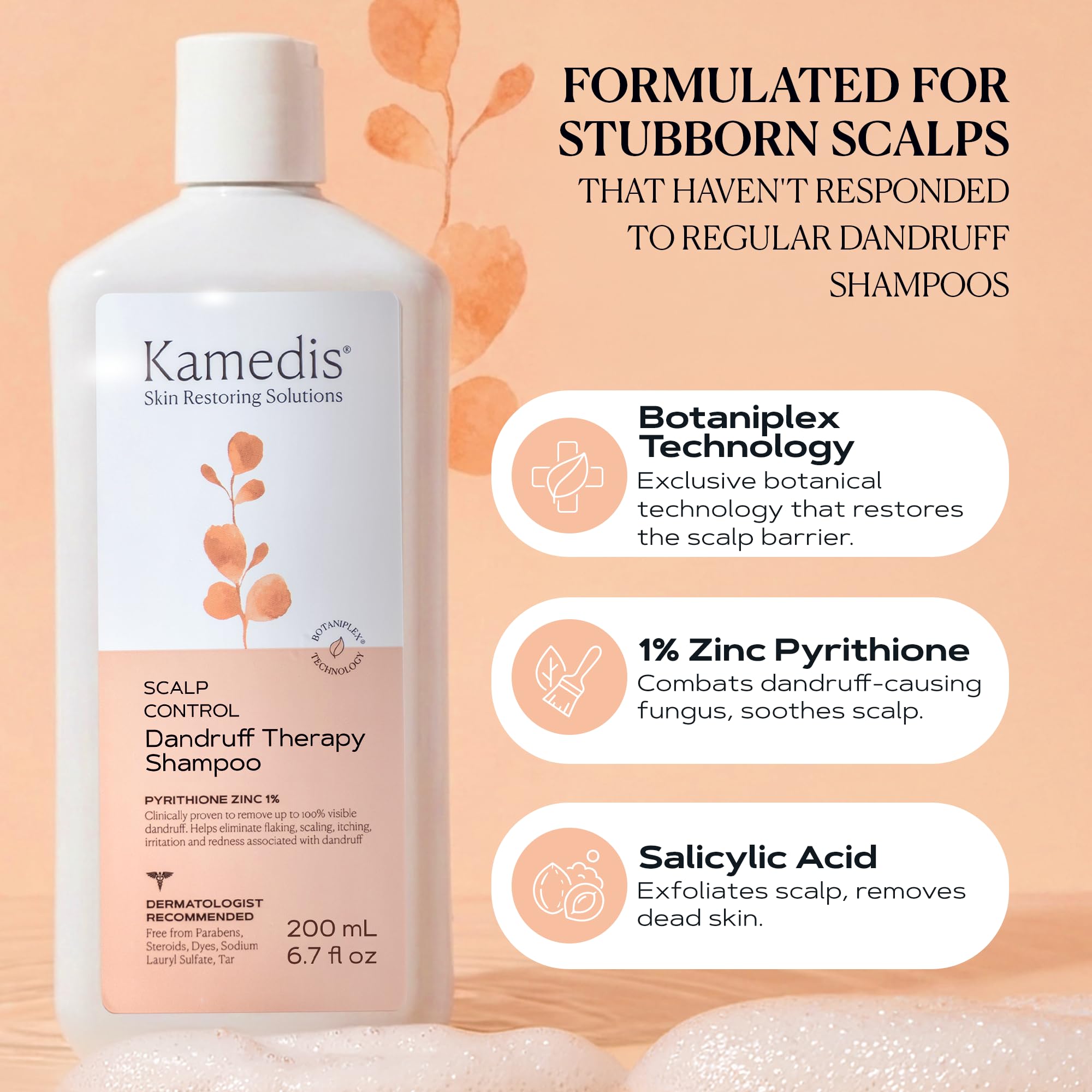 KAMEDIS pump dispensing shampoo showing creamy texture and easy application