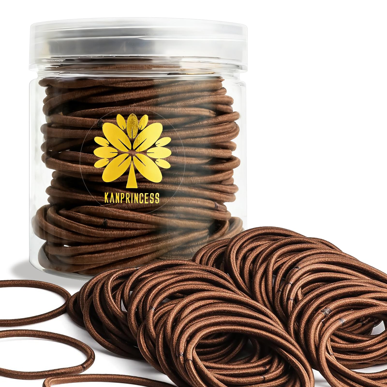 KANPRINCESS front pack showing 100 brown hair ties, convenient supply