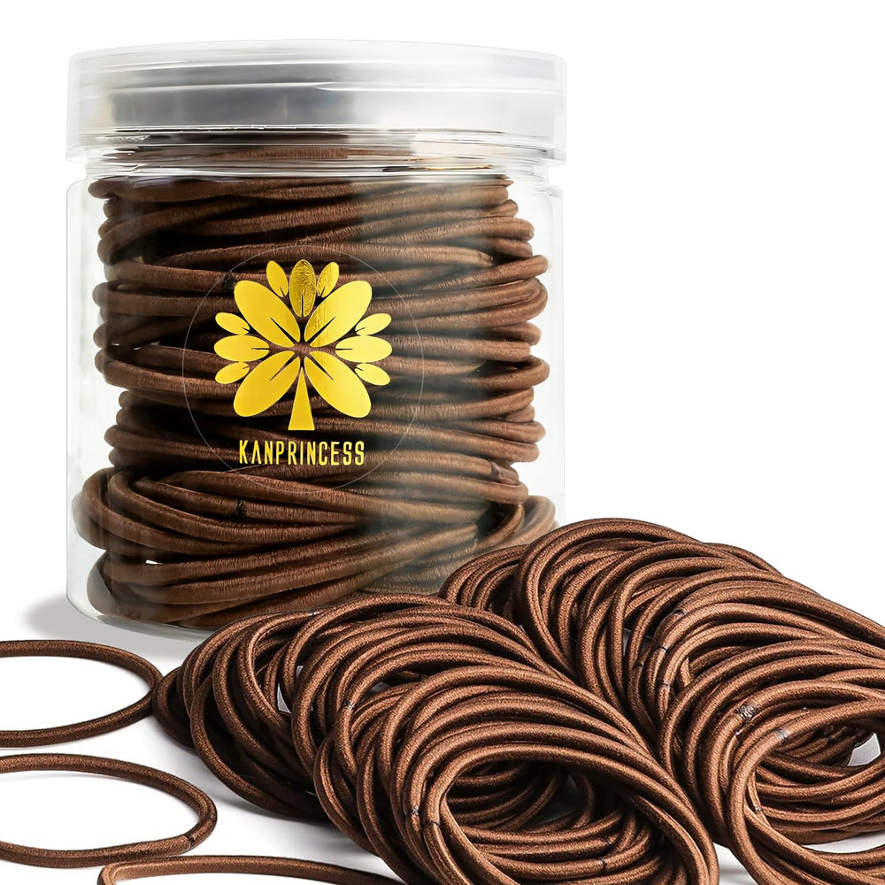 KANPRINCESS front pack showing 100 brown hair ties, convenient supply