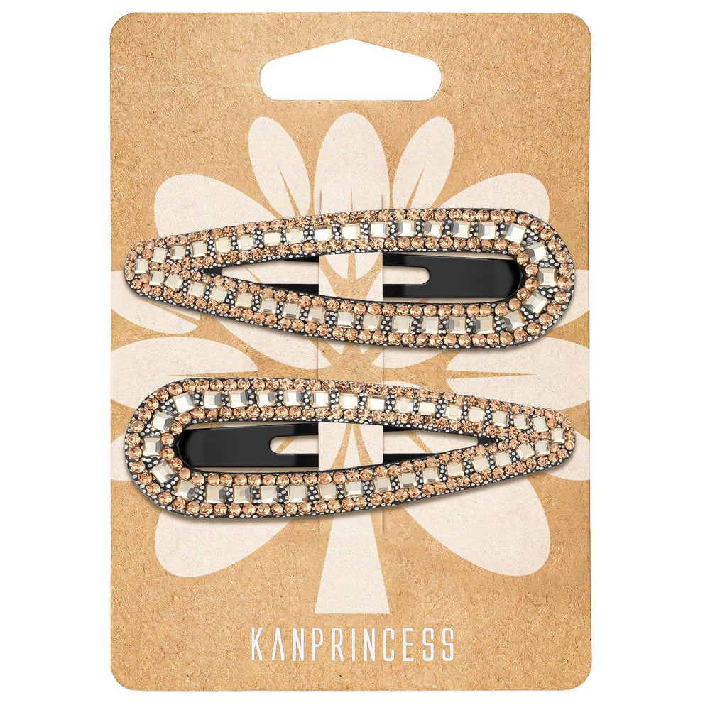 KANPRINCESS front view of two rhinestone snap hair clips showing polished look and elegance
