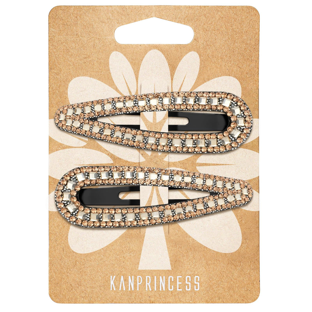 KANPRINCESS front view of two rhinestone snap hair clips showing polished look and elegance