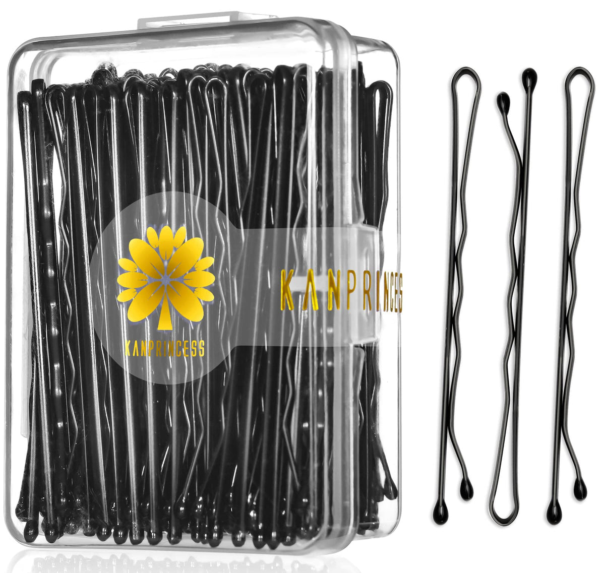 KANPRINCESS front packaging showing 100 black pins and box for easy storage