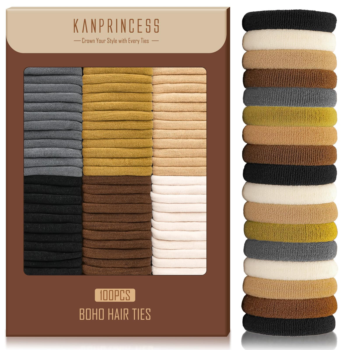 KANPRINCESS front packaging showing 100 colorful hair ties and value