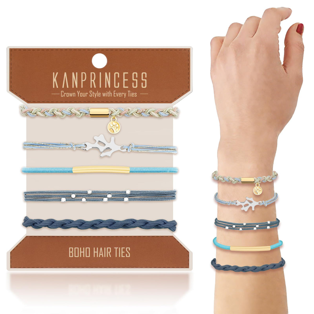 KANPRINCESS front packaging showing five boho hair ties and set benefits