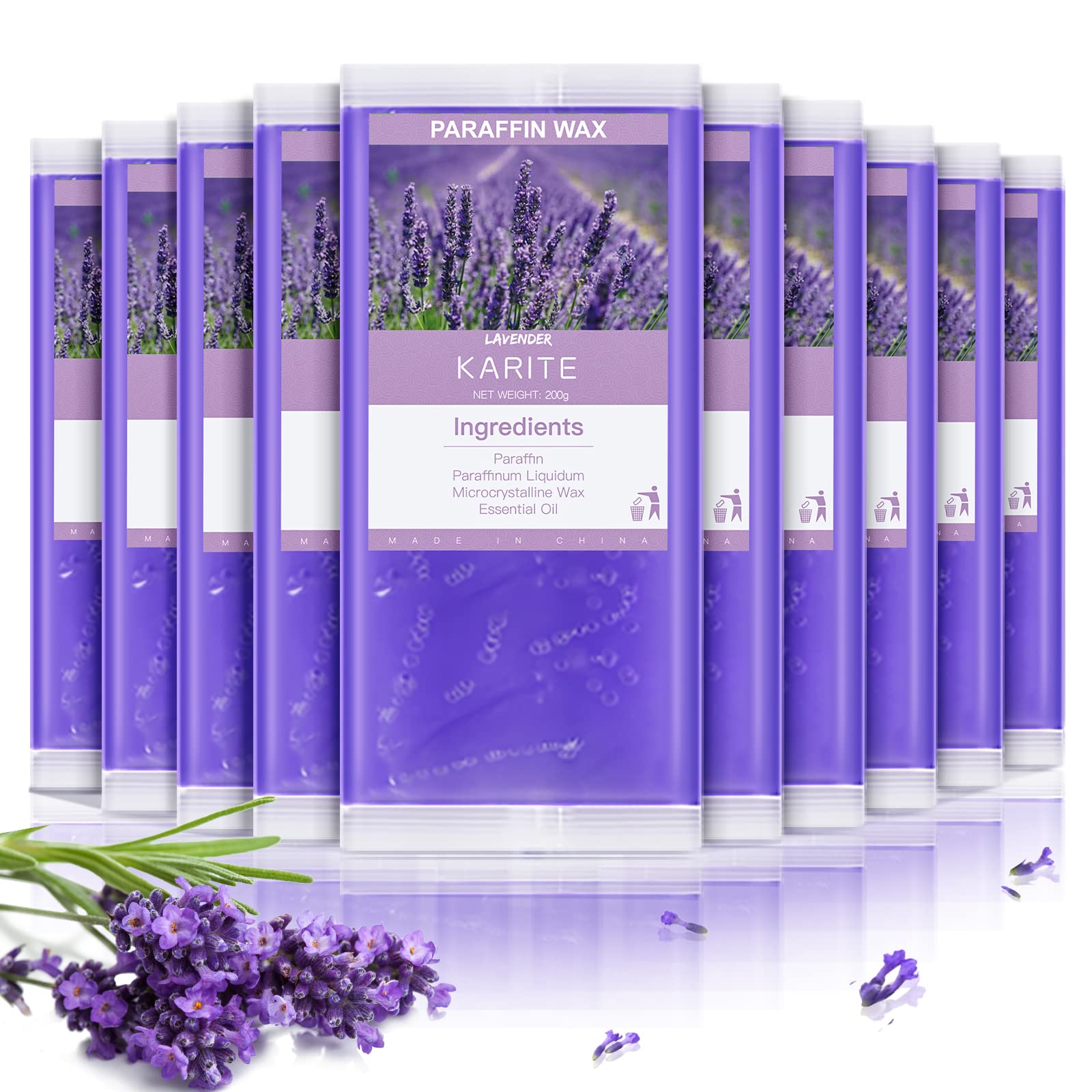 KARITE front packaging of 10-pack paraffin wax beads showing quantity and scent benefit