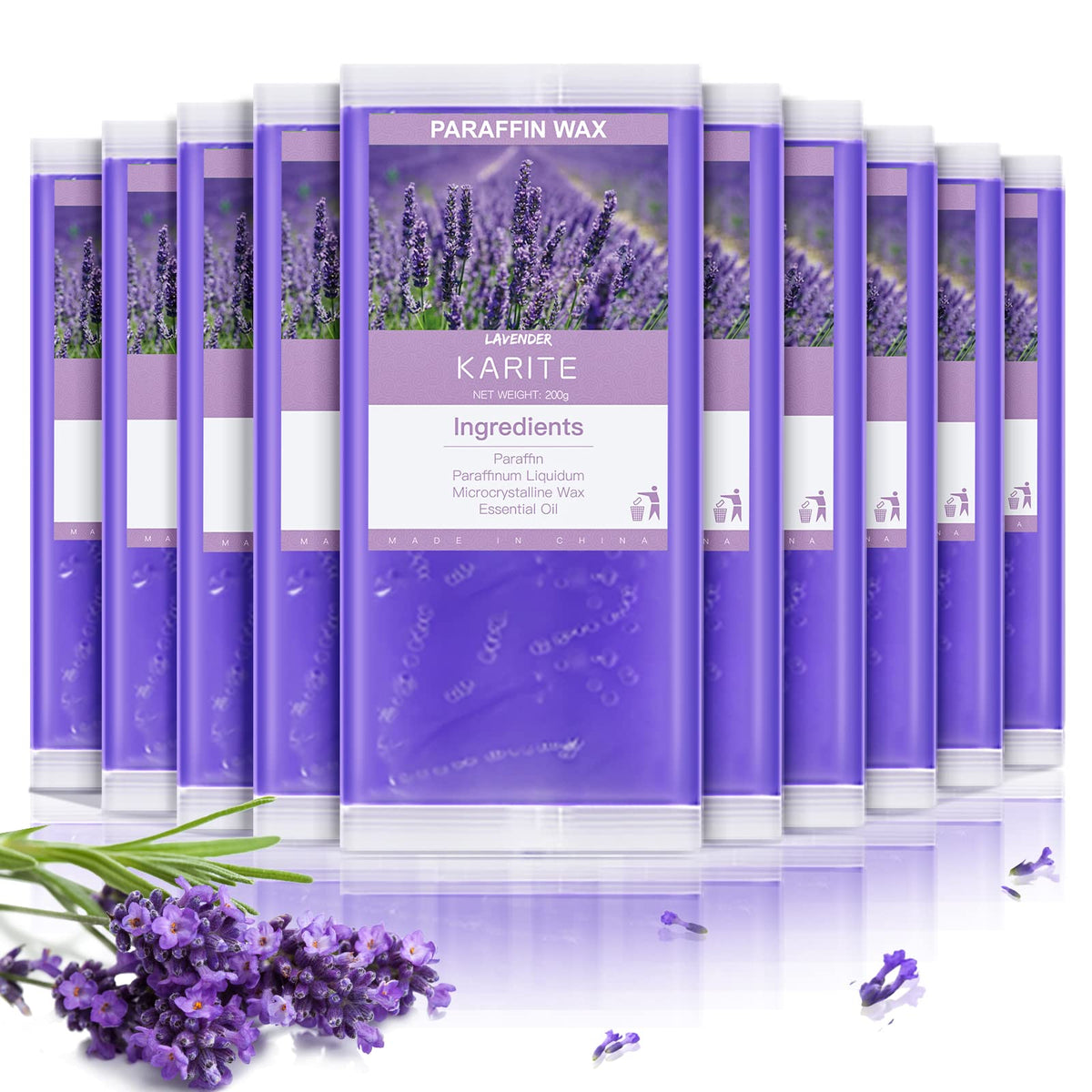 KARITE front packaging of 10-pack paraffin wax beads showing quantity and scent benefit