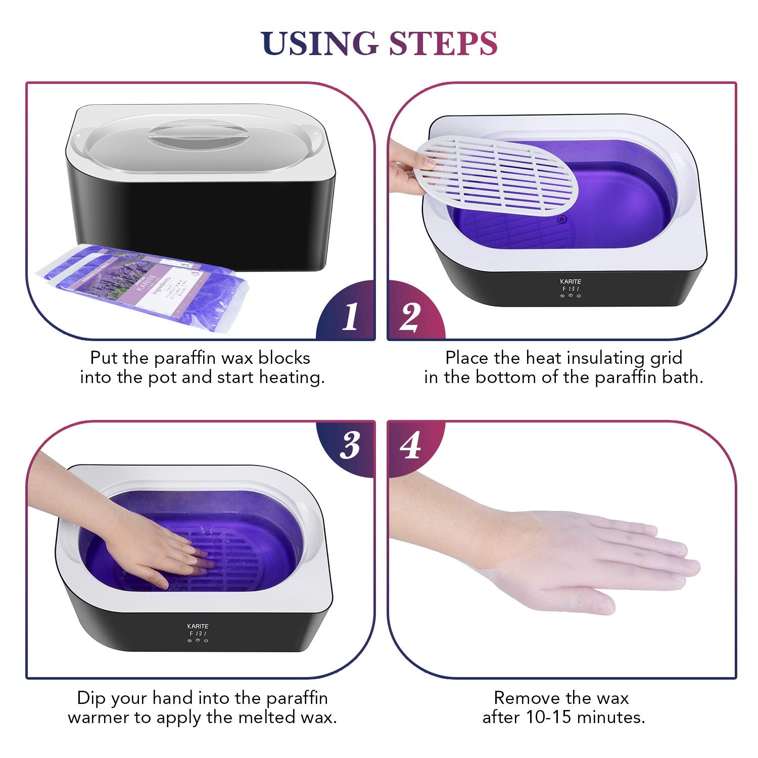 Karite hand immersed in warm paraffin wax providing soothing hydration benefit
