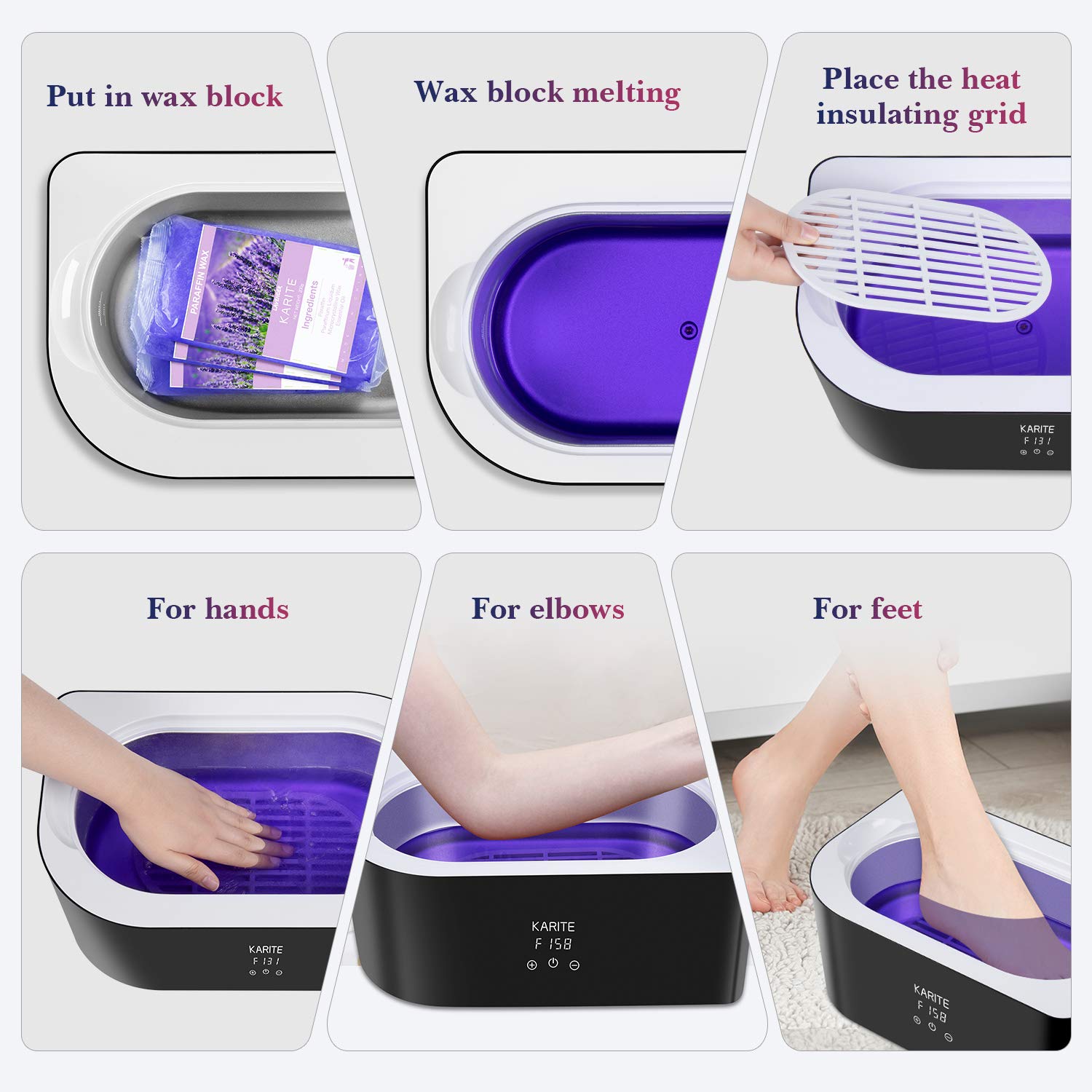 Karite paraffin warmer on spa table creating a professional at-home ambiance