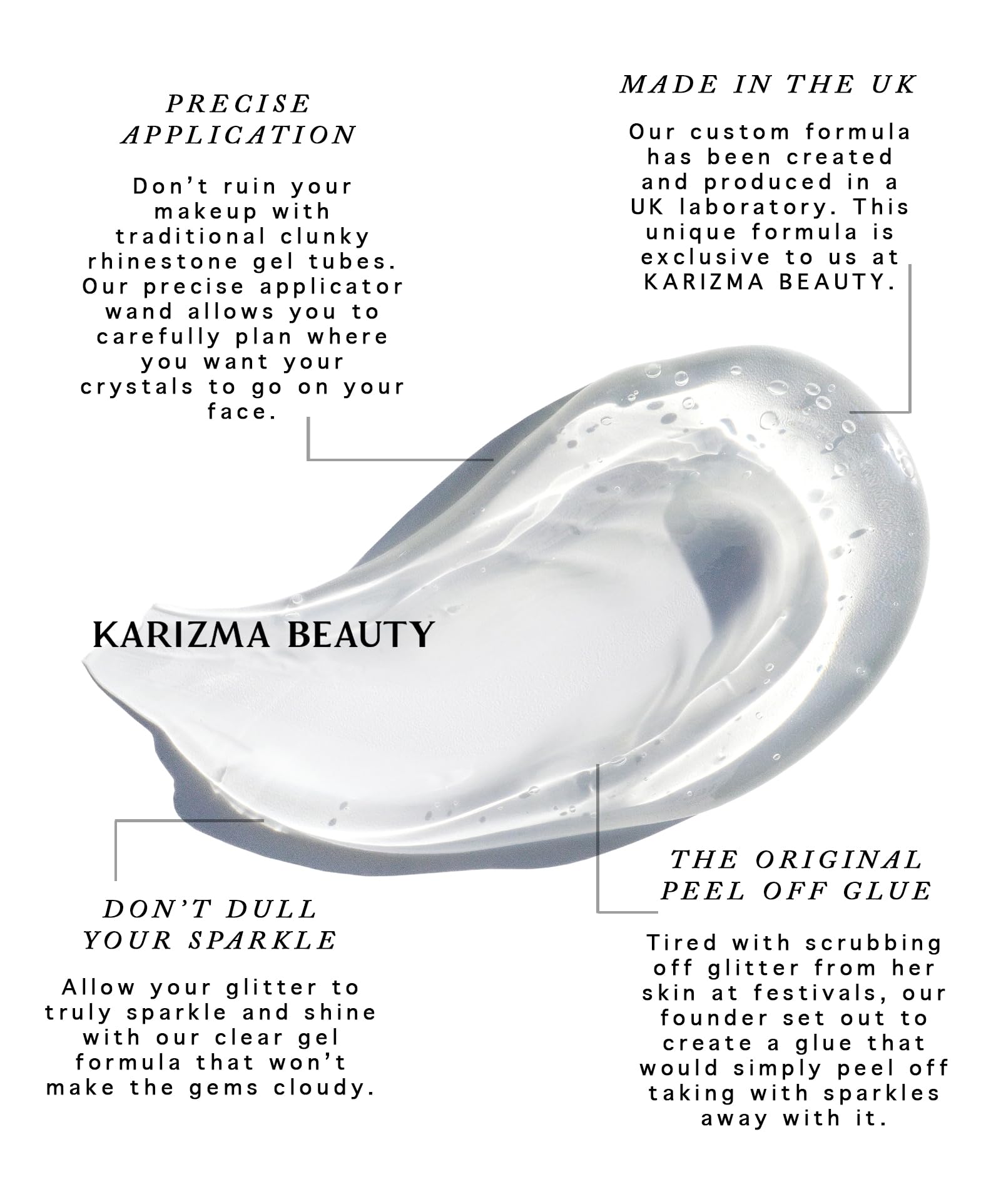 KARIZMA clear glue texture on fingertip, shows thin even spread benefit