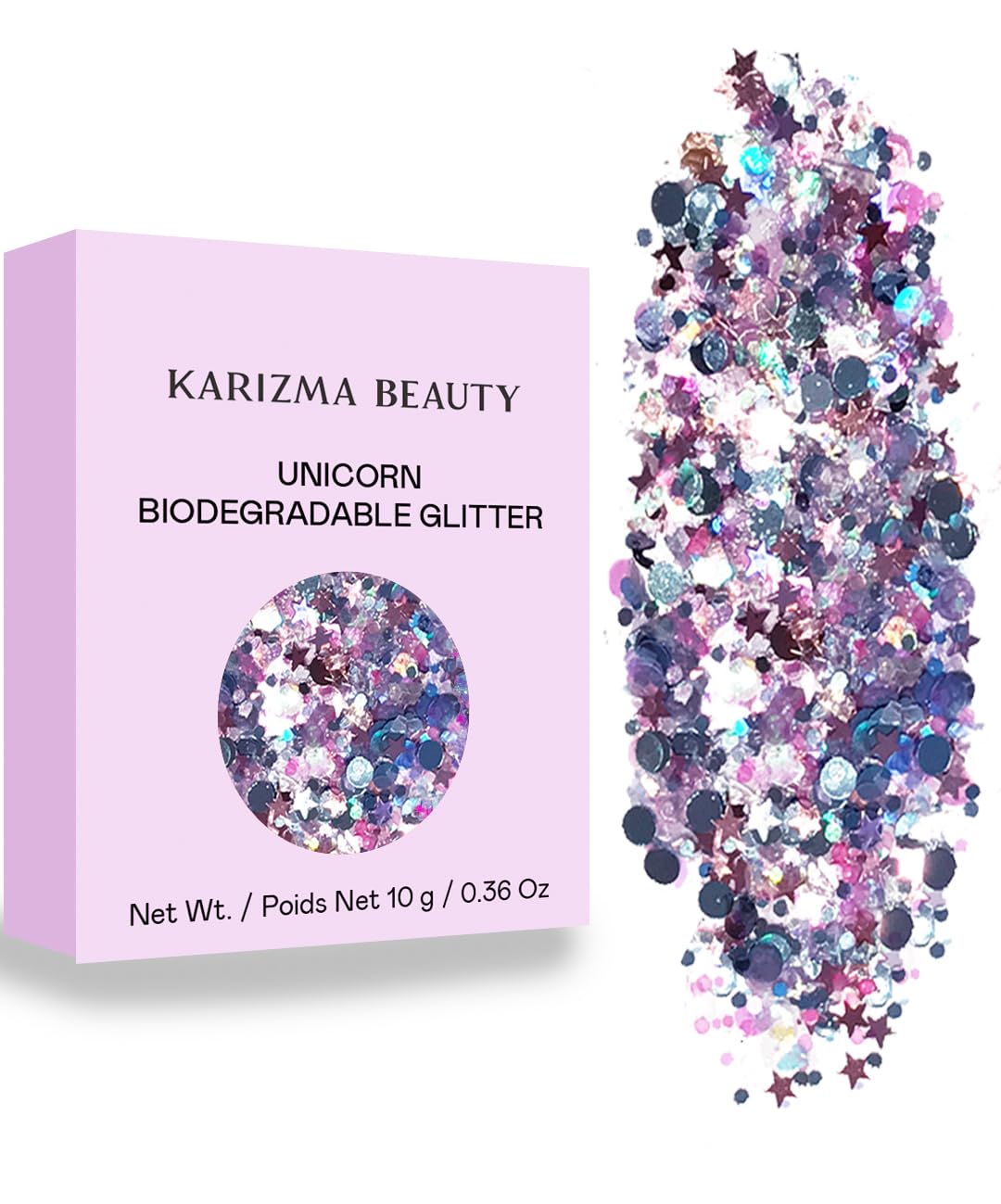 KARIZMA jar front view showing label and 10g glitter, vibrant product presentation