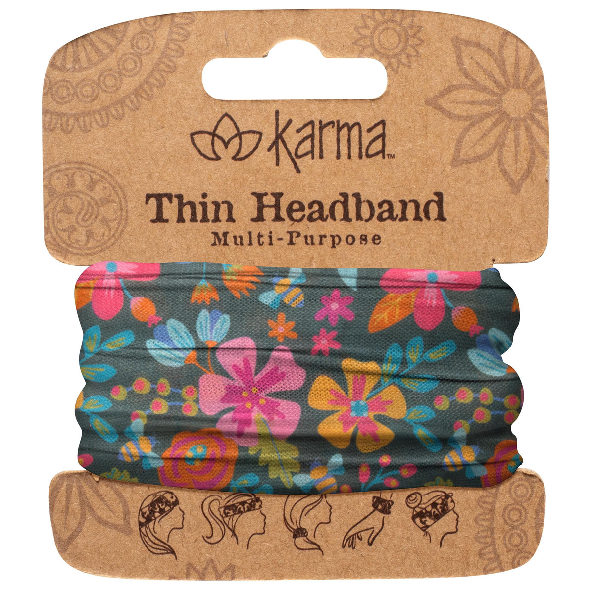 Karma Bee front view of thin headband showing pattern and fit benefit
