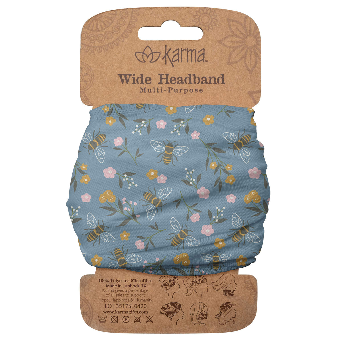 Karma light blue headband front view showing Bee pattern and hold