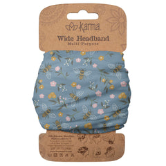 Karma light blue headband front view showing Bee pattern and hold