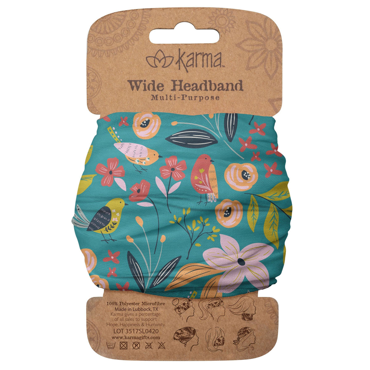 Karma bird headband front view showing wide blue pattern and clean finish for stylish hold