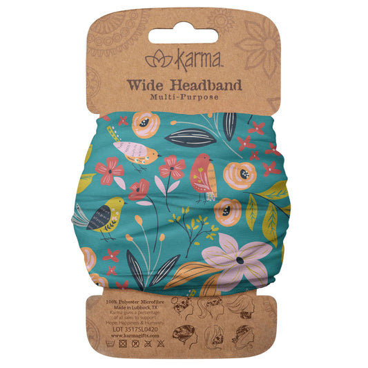 Karma bird headband front view showing wide blue pattern and clean finish for stylish hold