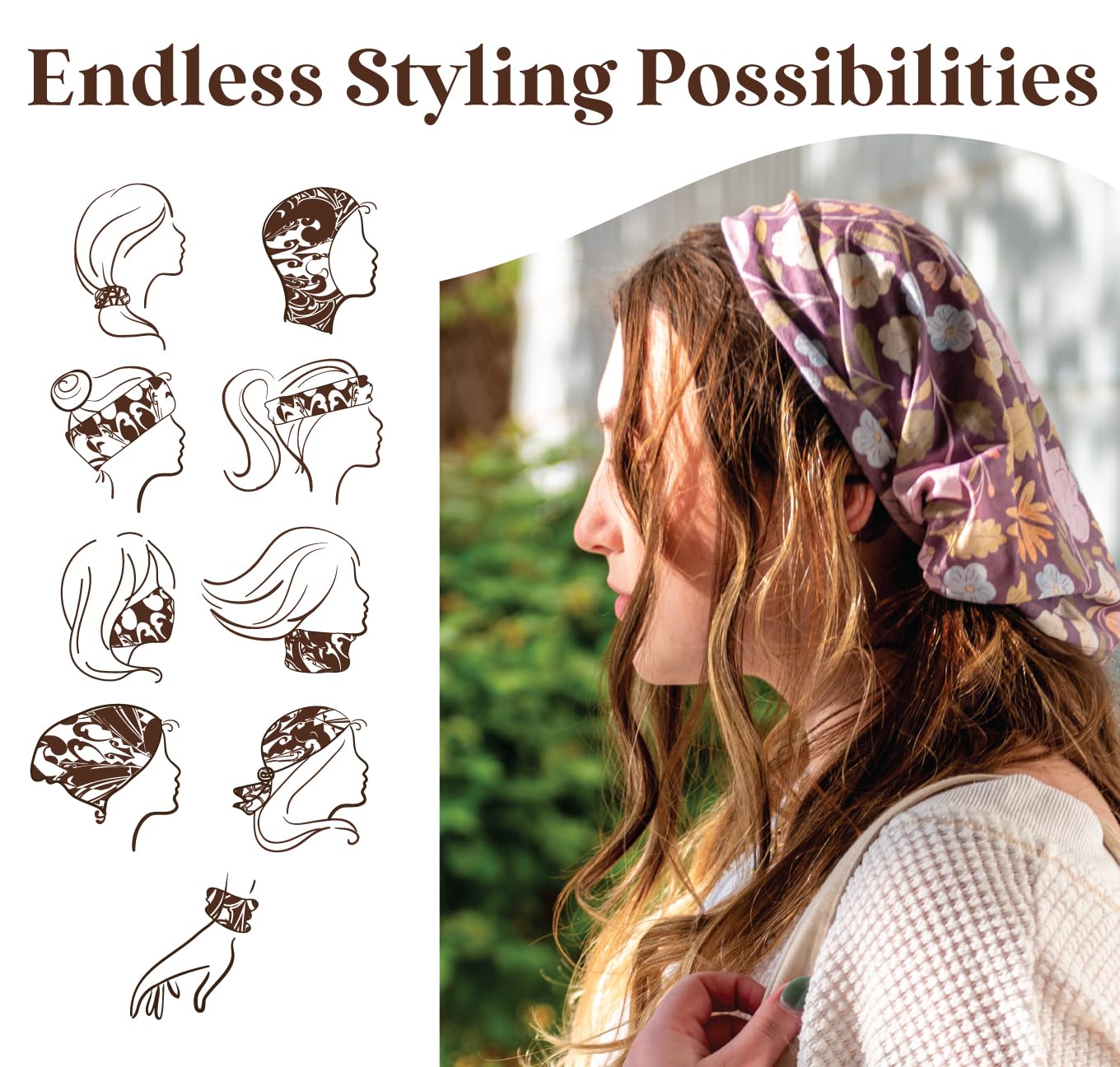Karma bird headband size profile beside a hand illustrating one-size-fits-most scale and fit